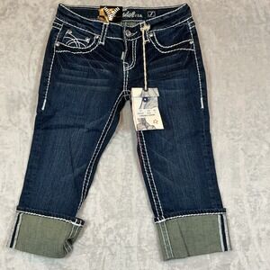 NWT LA Idol USA Embellished Cropped Jeans Dark Wash White‎ Stitch Detail Size 7